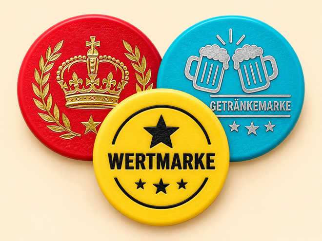 Drei Beispielchips mit individueller Prägung in Rot, Türkis und Gelb