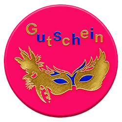 Faschingsmarke mit Maske, Neon-Pink, Aufschrift Gutschein
