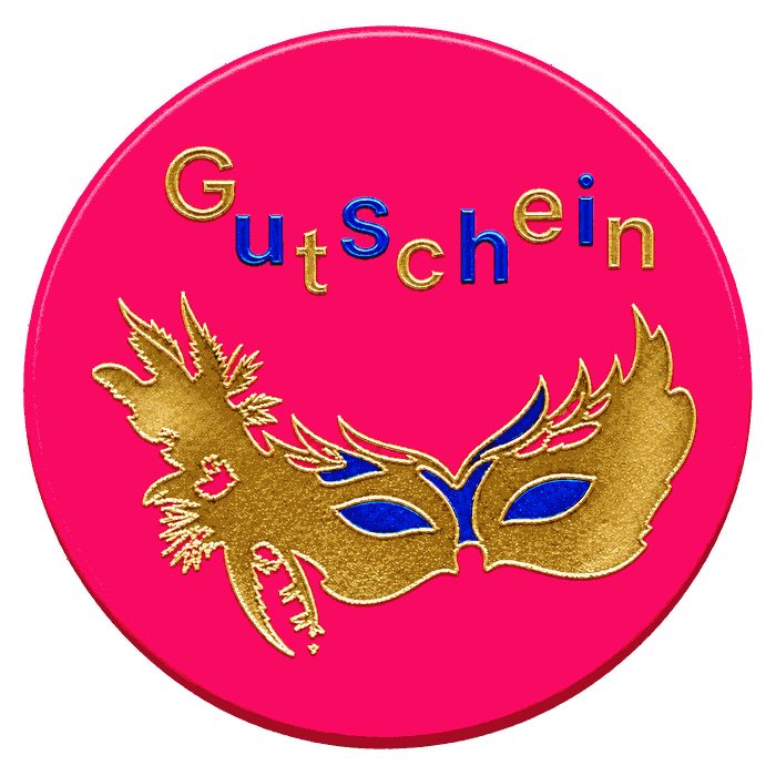 Faschingsmarke mit Maske, Neon-Pink, Aufschrift Gutschein