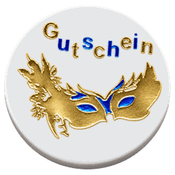 Faschingsmarke mit Maske, Weiß, Aufschrift Gutschein