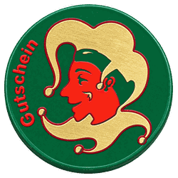 Faschingsmarke mit Narr, Grün, Aufschrift Gutschein
